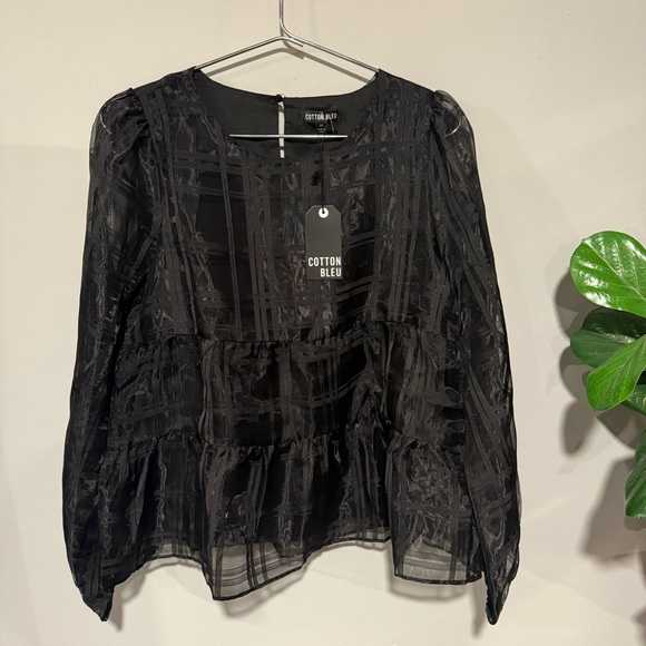 NWT COTTON BLEU SHEER FLOWY TIERED PLAID PRINT BLACK DRESS TOP CUFF SLEEVES SZ M - Picture 1 of 11